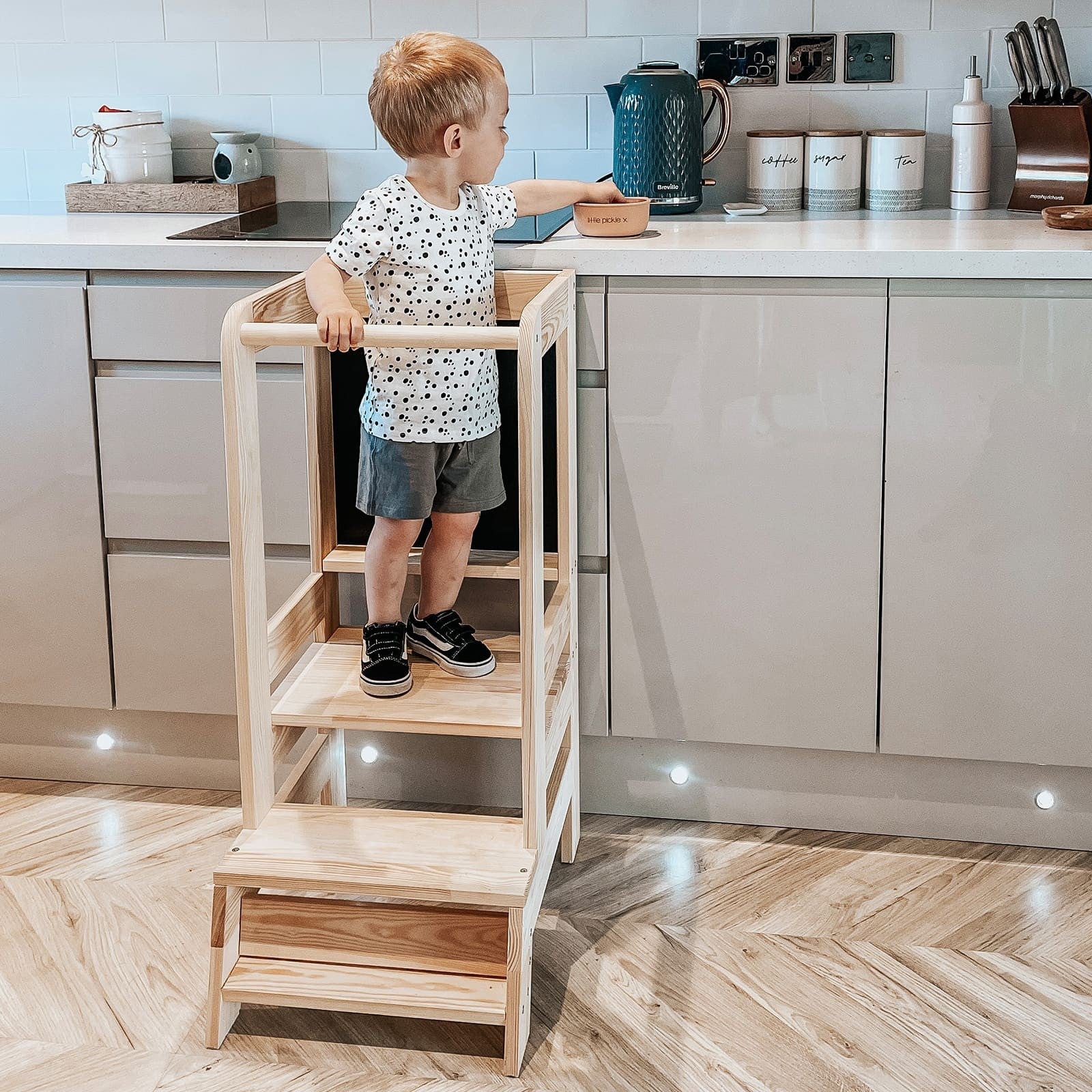 MeowBaby Montessori virtuvės bokštelis – natūrali, su piešimo lenta, vaizdas 10