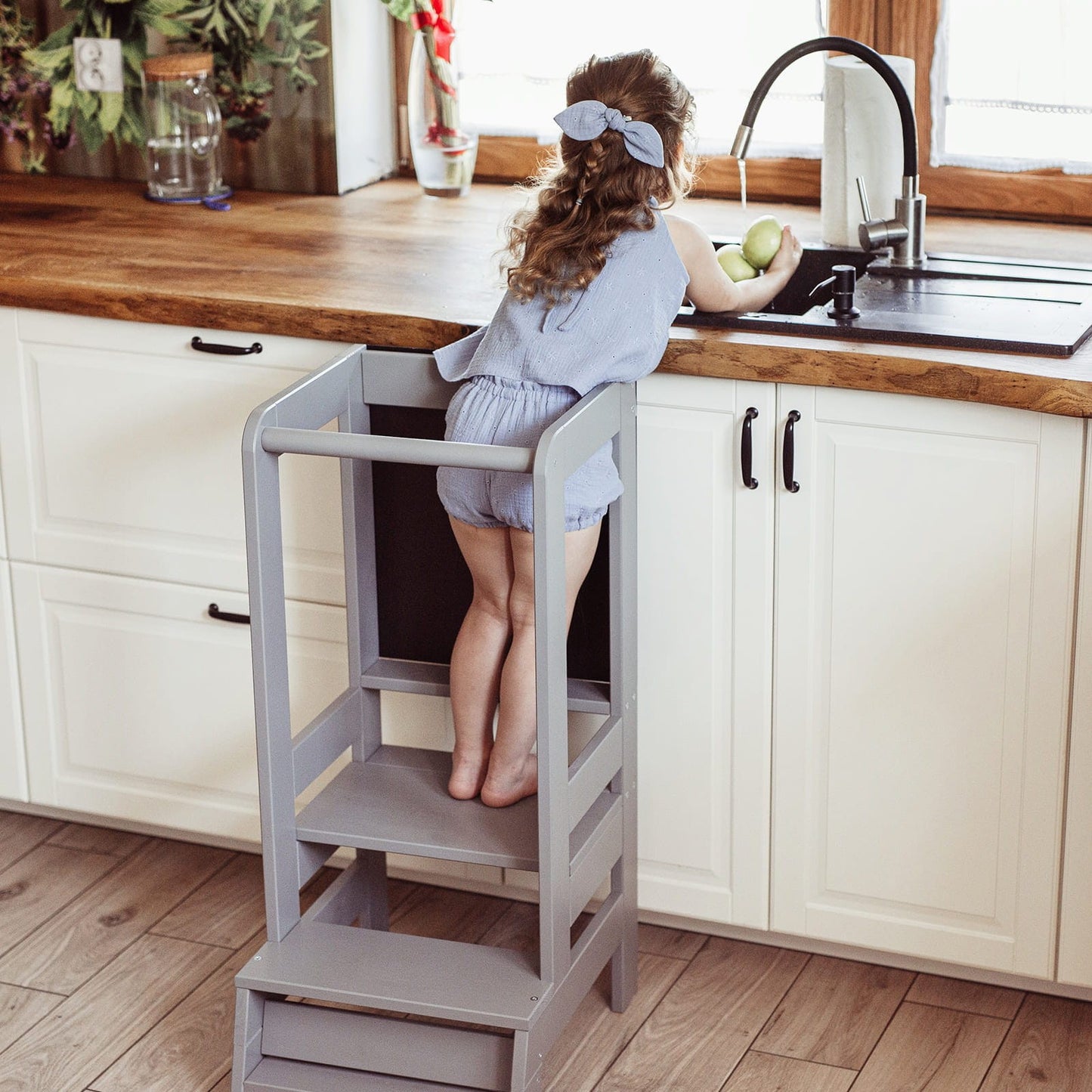 MeowBaby Montessori virtuvės bokštelis – tamsiai pilka, su piešimo lenta, vaizdas 9