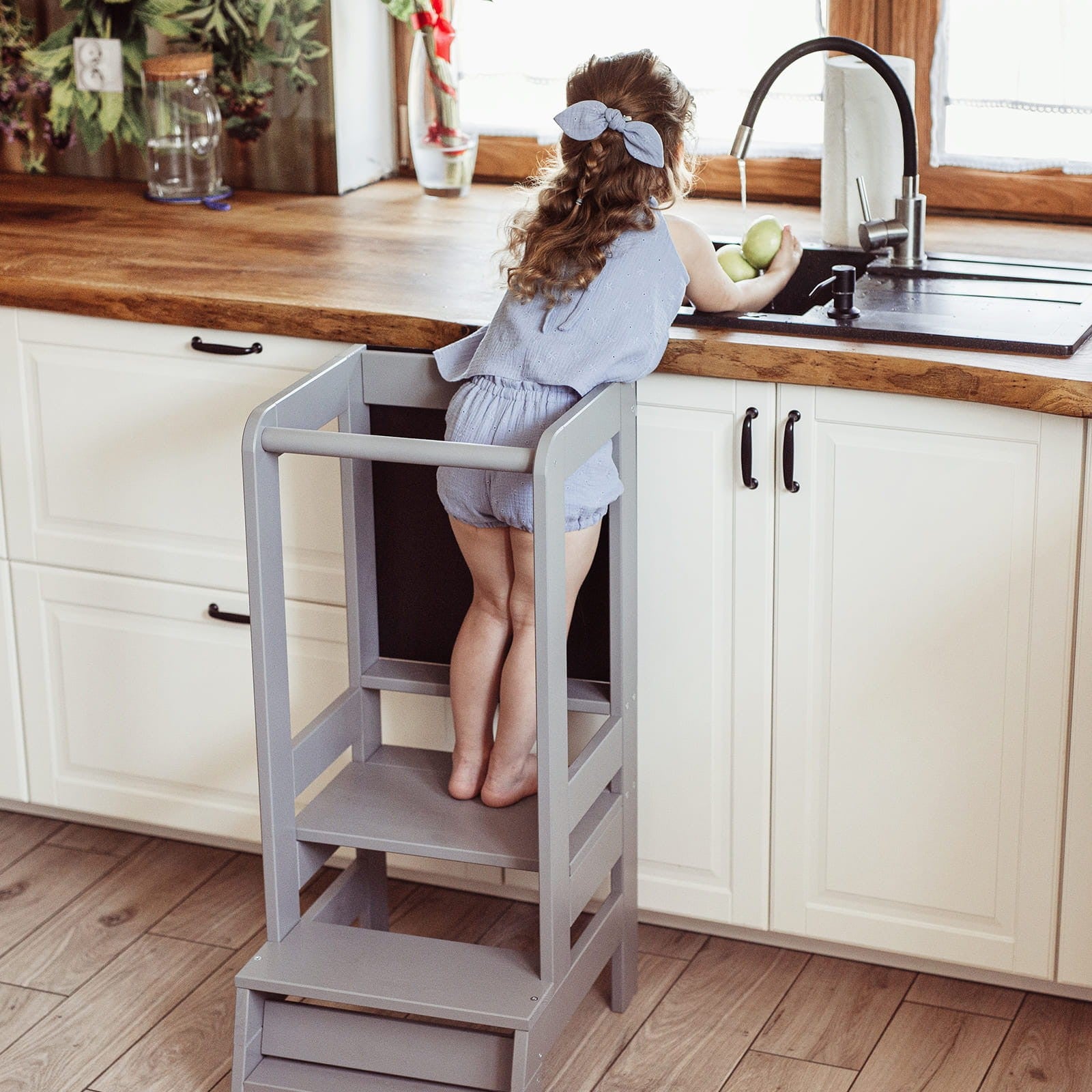 MeowBaby Montessori virtuvės bokštelis – tamsiai pilka, su piešimo lenta, vaizdas 9