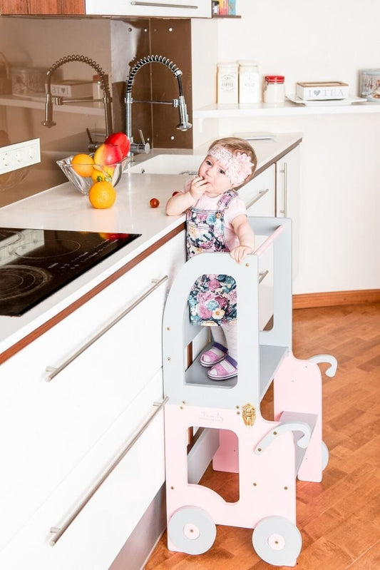 Montessori Virtuvės Pagalbininkas – Bokštelis 2in1 Su Stalu Ir Kėde Montessori bokštelis