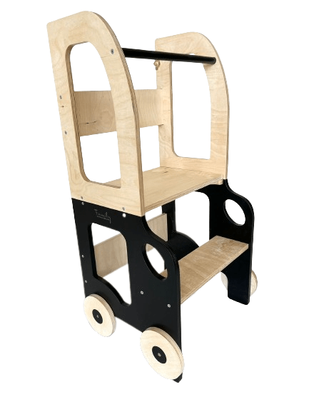 Montessori Virtuvės Pagalbininkas – Bokštelis 2in1 Su Stalu Ir Kėde Montessori bokštelis Natūrali/juoda