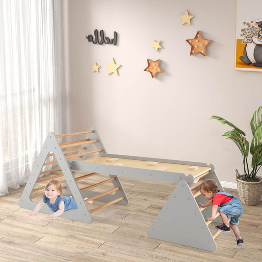 Montessori Žaidimų Aikštelė Pikler Trikampis Kopėčių ir lieptelio komplektas Pilkos Spalvos Sūpynės ir Žaidimų Aikštelės