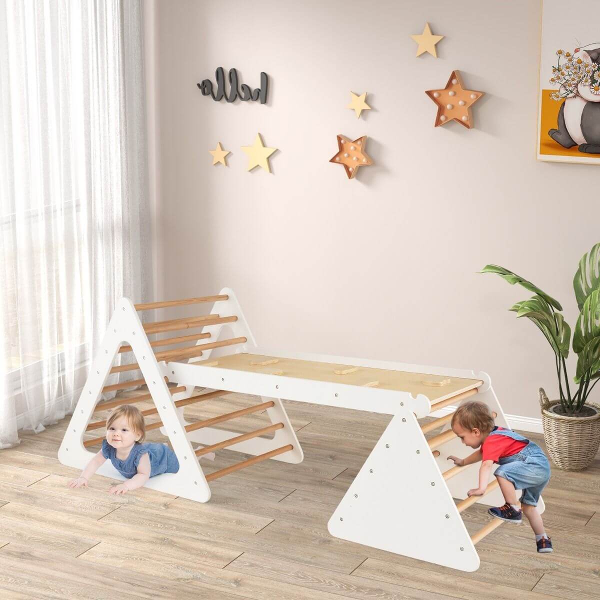 Montessori Žaidimų Aikštelė Pikler Trikampis Kopėčių ir lieptelio komplektas Smėlio Spalvos Sūpynės ir Žaidimų Aikštelės