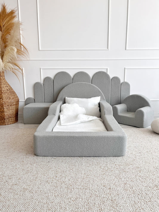 Pilka Minkšta Bouclé Montessori Vaikiška Lova 70 × 140 cm Lovos Vienvietės