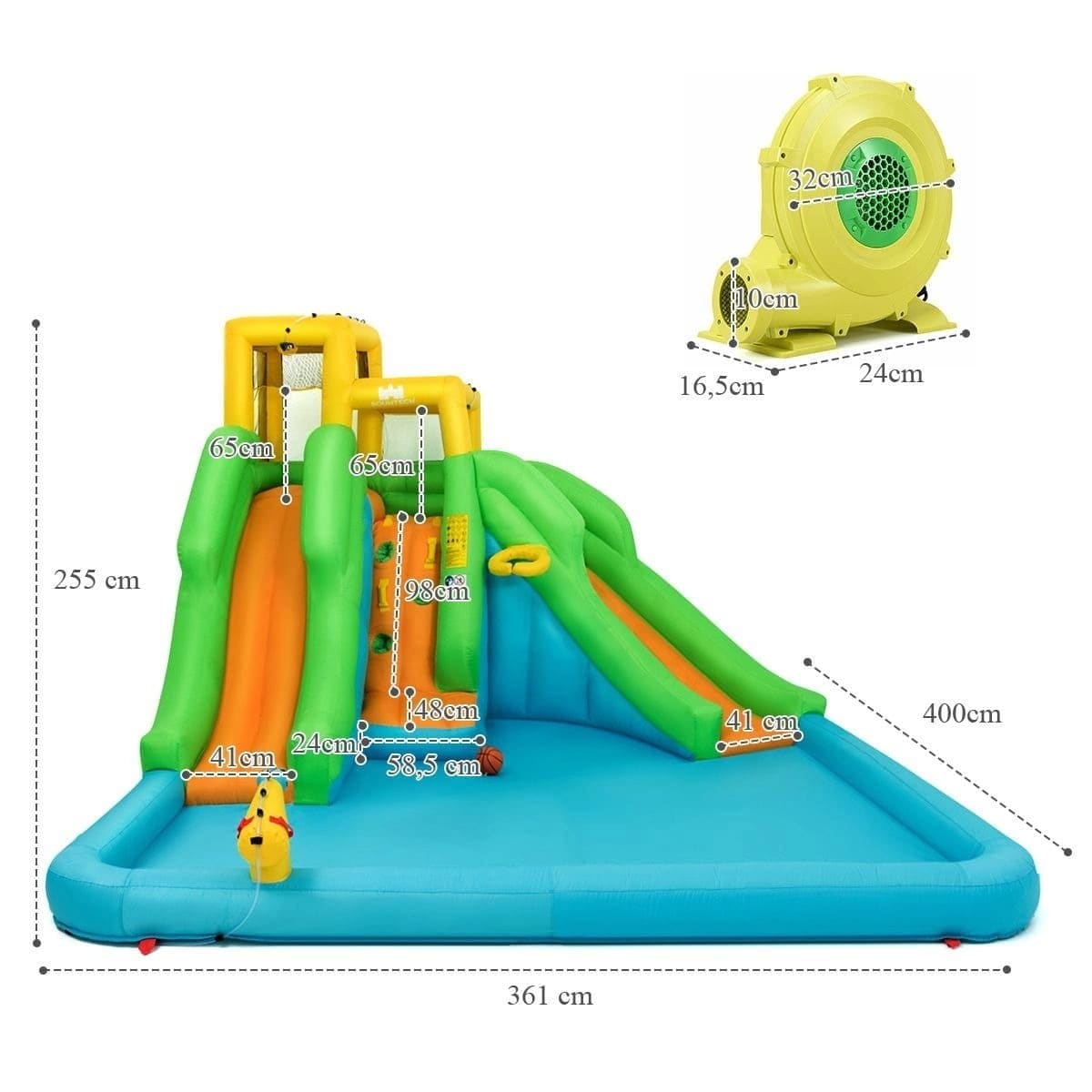 Pripučiamas Batutas Su Baseinu Ir Čiuožyklomis + Pūstuvas 361 x 400 x 255 cm, 1354 Batutai
