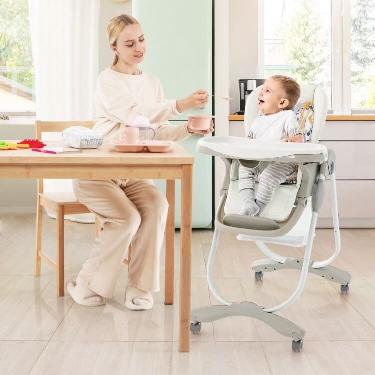 Reguliuojama Maitinimo Kėdutė Su Ratukais, 7 Aukščiai, Balta Maitinimo Kėdutės