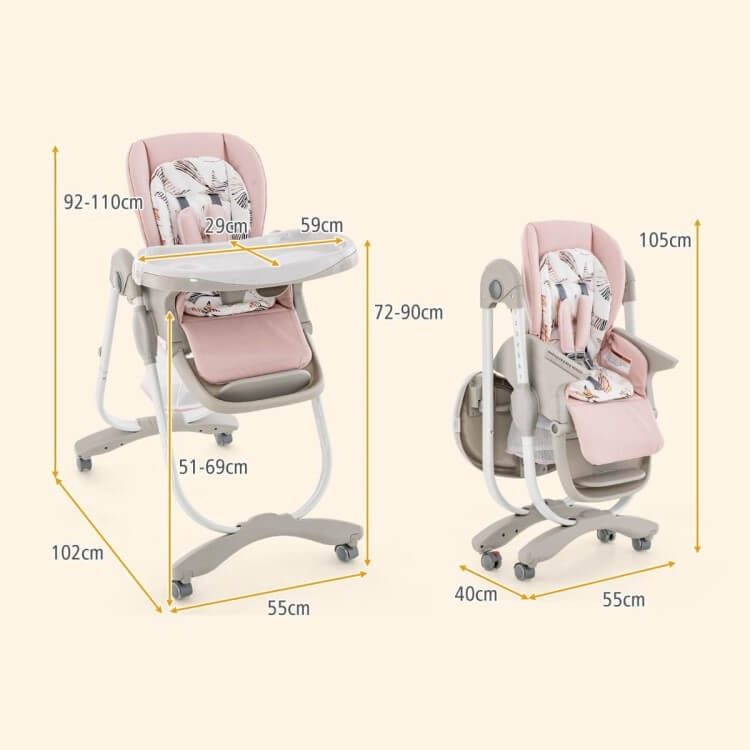 Reguliuojama Maitinimo Kėdutė Su Ratukais, 7 Aukščiai, Rožinė Maitinimo Kėdutės