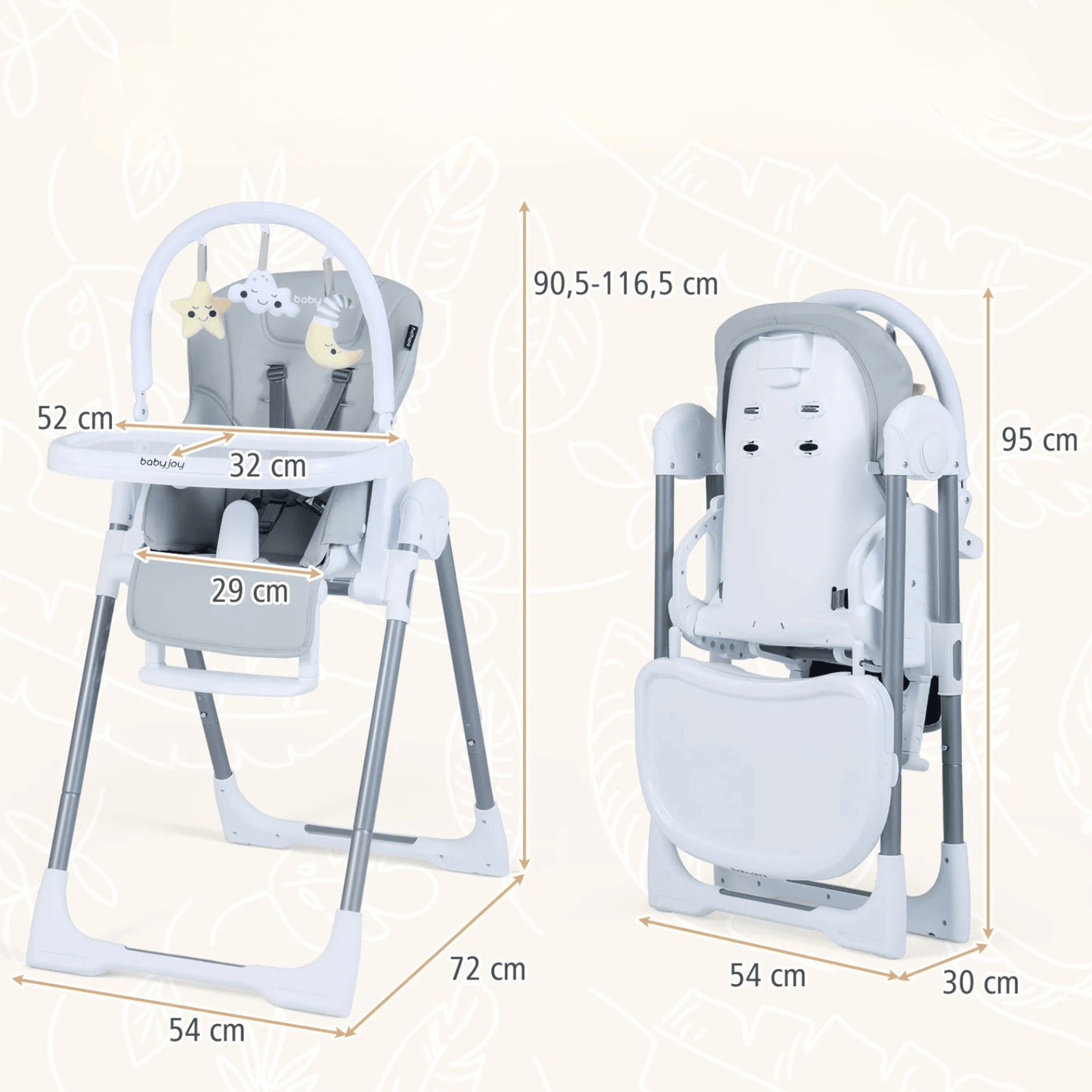 Reguliuojama Sulankstoma Maitinimo Kėdutė su 5 Taškų Diržais Pilka Maitinimo Kėdutės