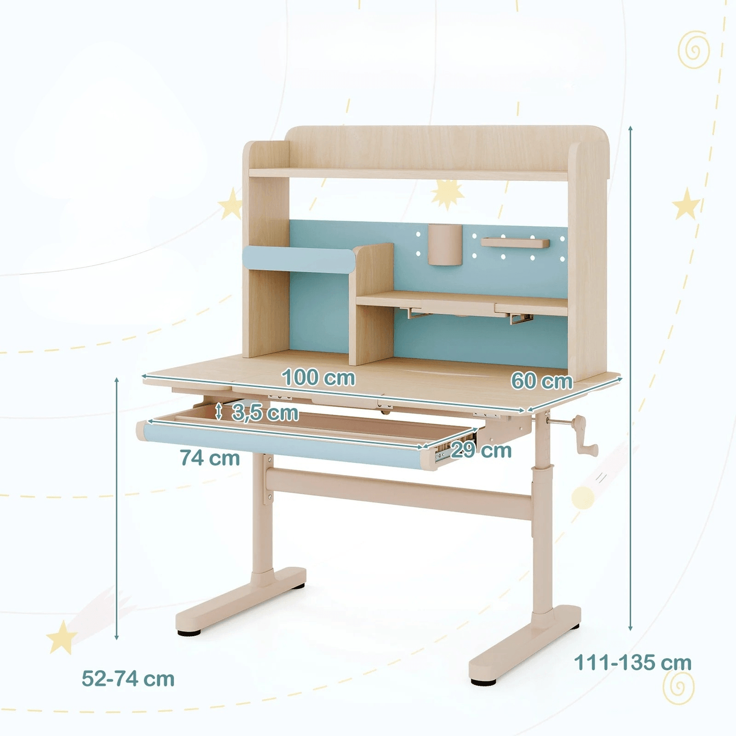 Reguliuojamo Aukščio Vaikiškas Stalas Su Pakreipiamu Stalviršiu Ir Lentyna Staliukai Kėdutės