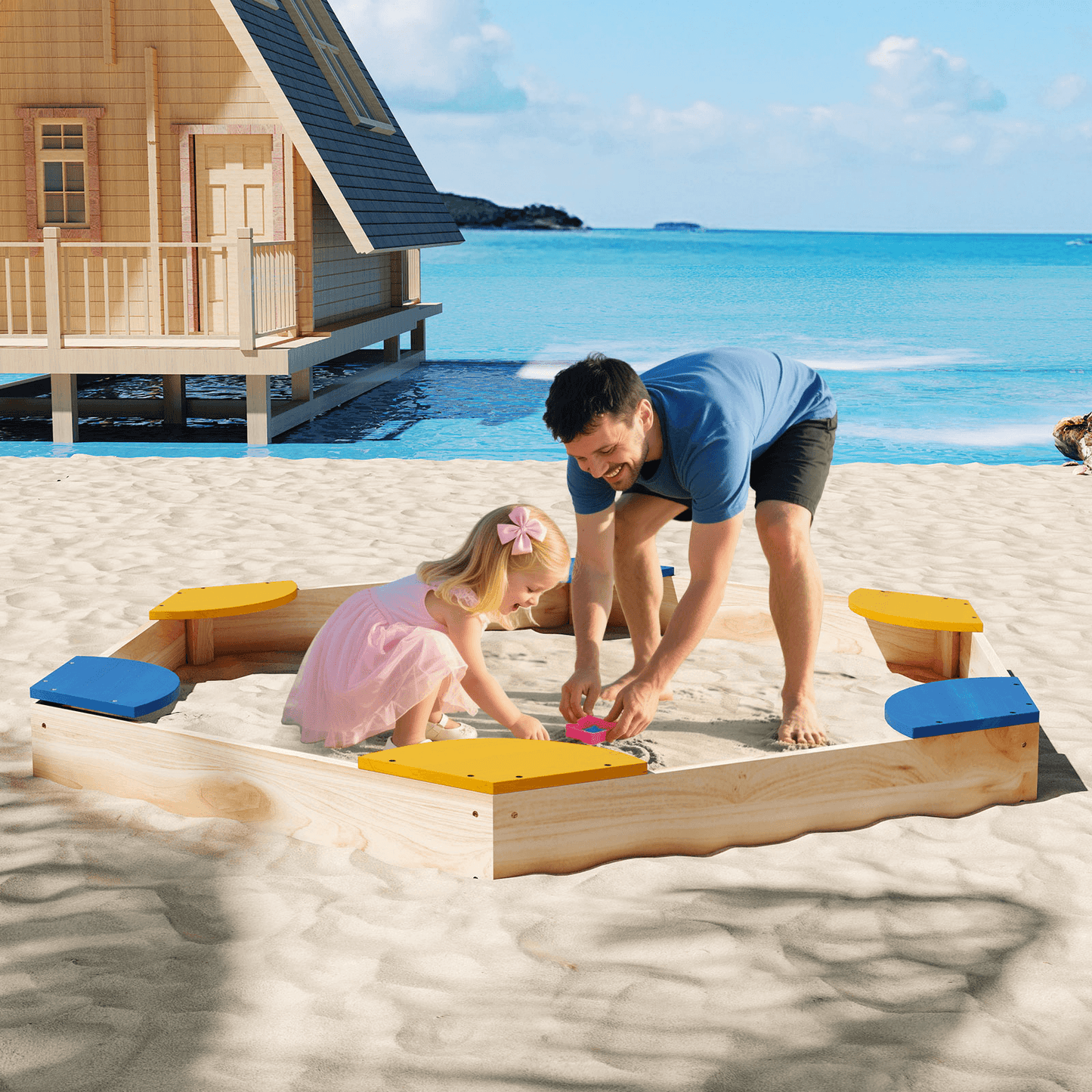 Šešiakampė Medinė Smėlio Dėžė Su Sėdynėmis 140 cm Smėlio Dėžės