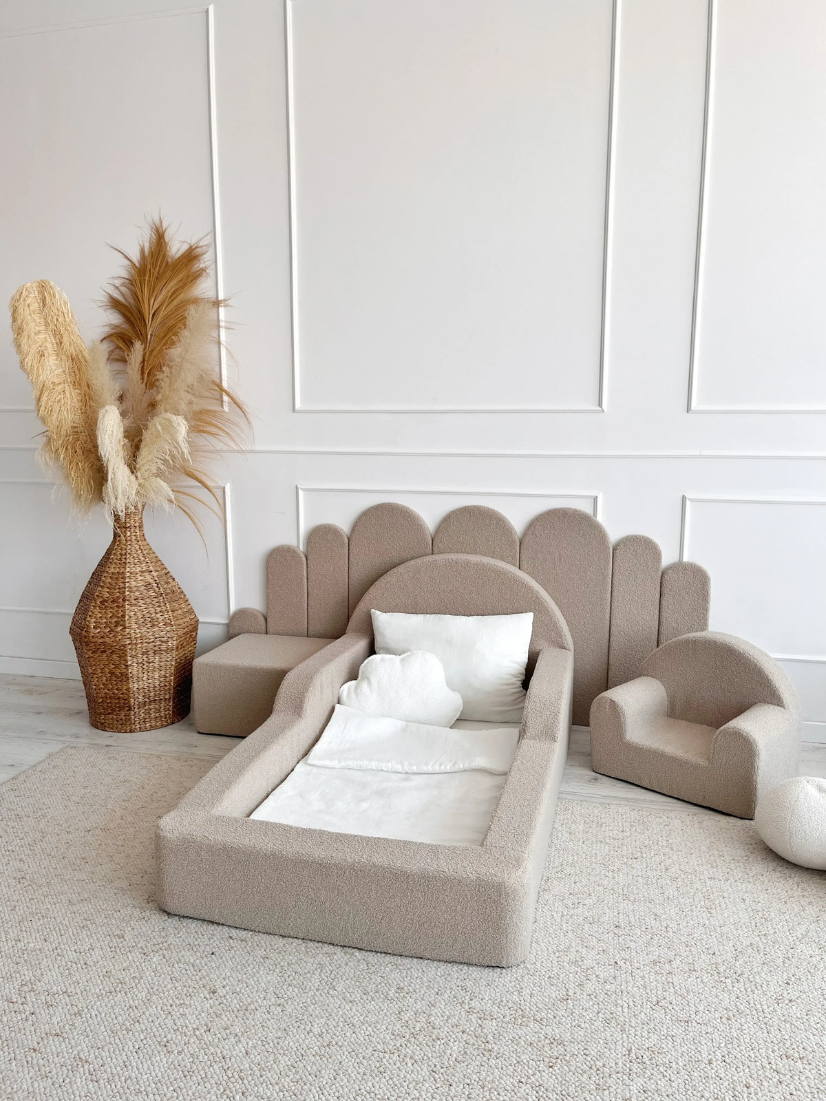 Smėlio Spalvos Minkšta Bouclé Vaikiška Lova 70 × 140 cm Lovos Vienvietės
