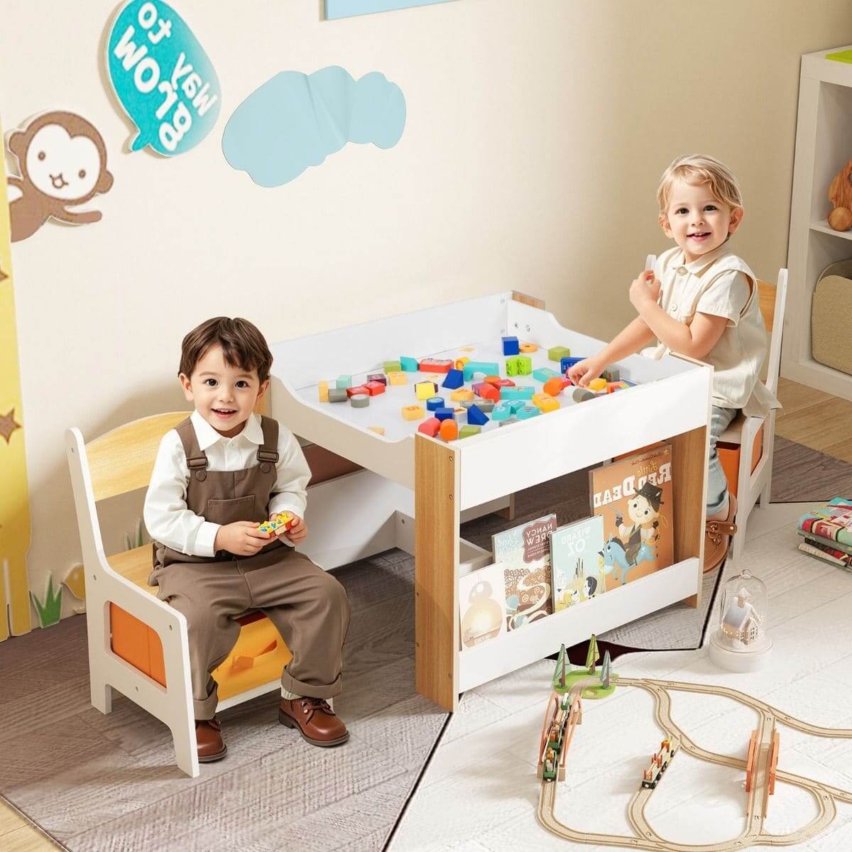 Stalas Su Kėdutėm Piešimo Lenta Daiktadėžėmis Ir Knygų Lentyna Staliukai Kėdutės