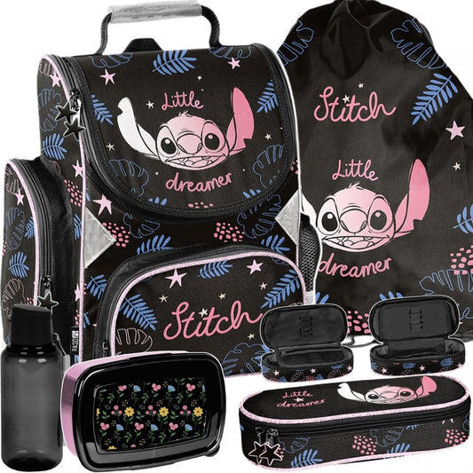 Stitch standi mokyklinė kuprinė 1–4 klasei, 5 dalių komplektas su penalu-dėklu Mokyklinės kuprinės