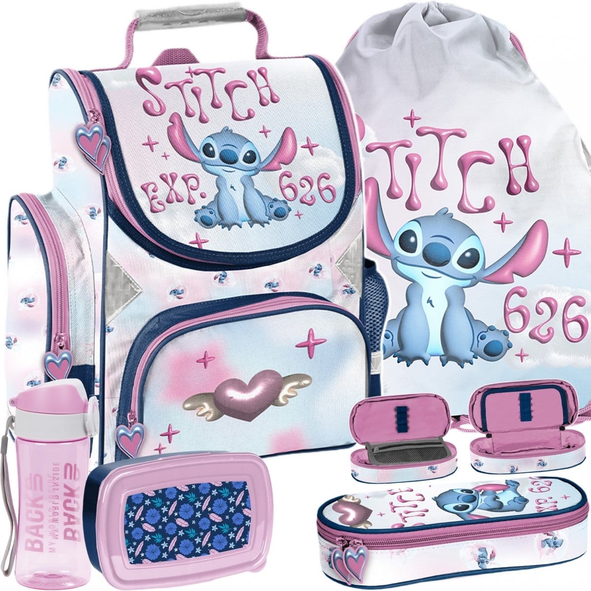 Stitch ergonominė mokyklinė kuprinė 1–4 klasei, 5 dalių komplektas su penalu-dėklu Mokyklinės kuprinės