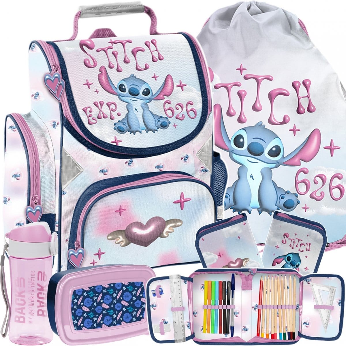 Stitch ergonominė mokyklinė kuprinė 1–4 klasei, 5 dalių komplektas su priemonėmis Mokyklinės kuprinės