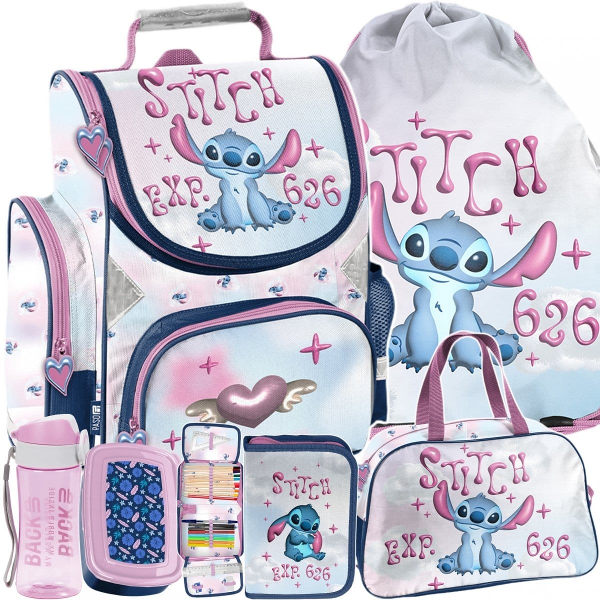 Stitch ergonominė mokyklinė kuprinė 1–4 klasei, 6 dalių komplektas su priemonėmis Mokyklinės kuprinės