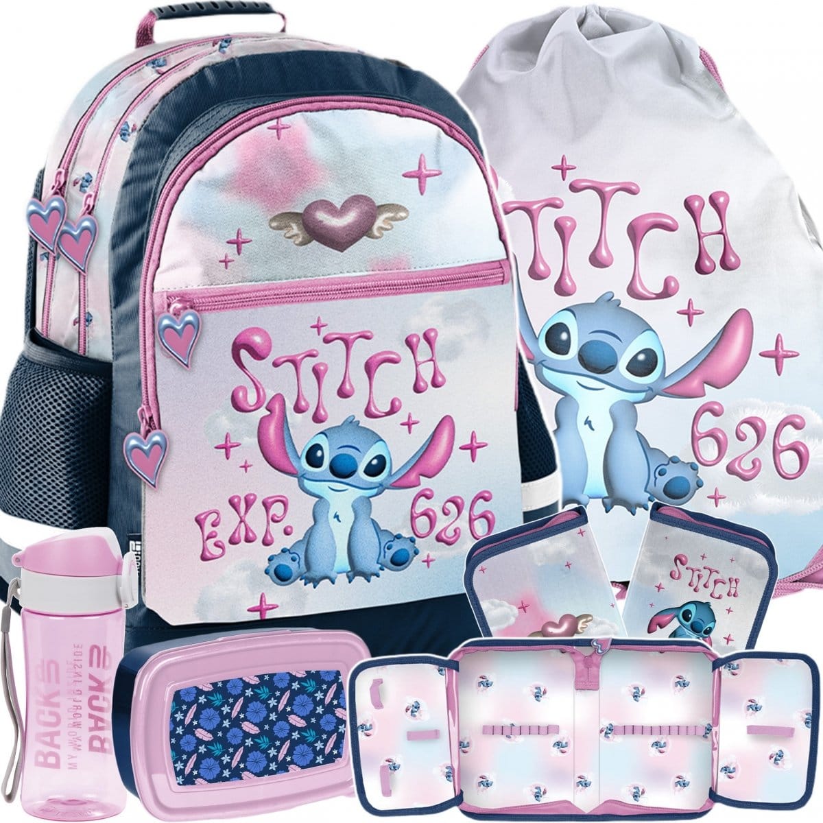 Stitch keturių skyrių mokyklinė kuprinė, 5 dalių komplektas be priemonių Mokyklinės kuprinės