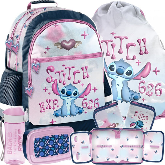 Stitch keturių skyrių mokyklinė kuprinė, 5 dalių komplektas be priemonių Mokyklinės kuprinės