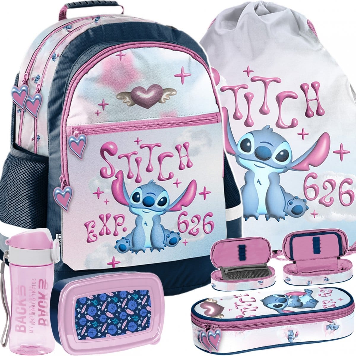 Stitch keturių skyrių mokyklinė kuprinė, 5 dalių komplektas su penalu-dėklu Mokyklinės kuprinės