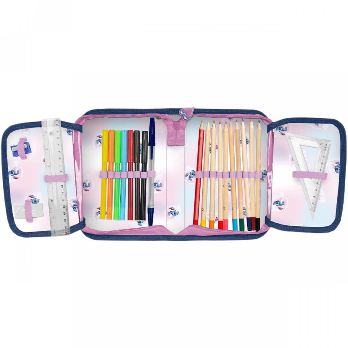 Stitch keturių skyrių mokyklinė kuprinė, 5 dalių komplektas su priemonėmis Mokyklinės kuprinės