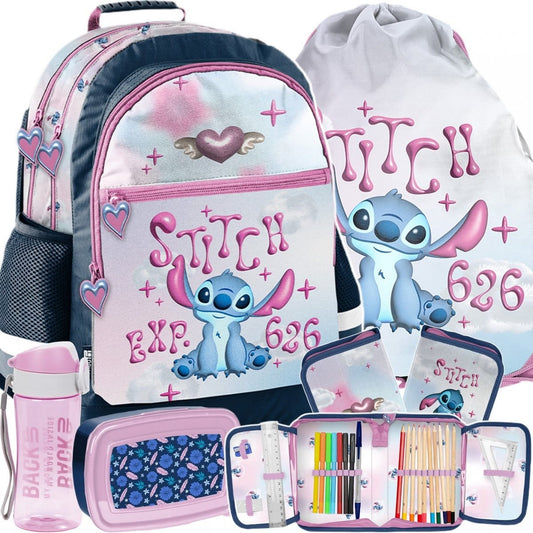Stitch keturių skyrių mokyklinė kuprinė, 5 dalių komplektas su priemonėmis Mokyklinės kuprinės