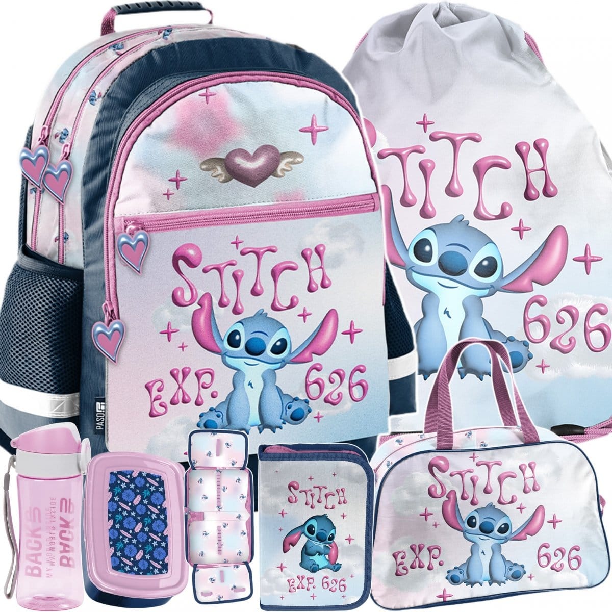 Stitch keturių skyrių mokyklinė kuprinė, 6 dalių komplektas be priemonių Mokyklinės kuprinės