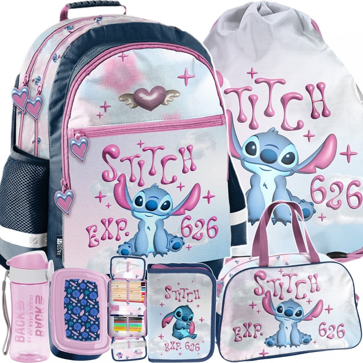 Stitch keturių skyrių mokyklinė kuprinė, 6 dalių komplektas su priemonėmis Mokyklinės kuprinės