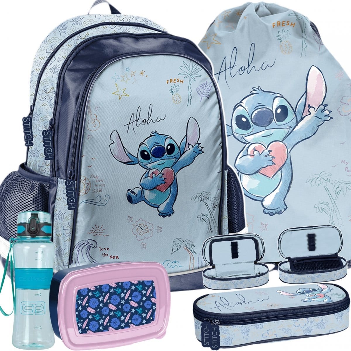 Stitch mokyklinė kuprinė 38 cm, 5 dalių komplektas su penalu-dėklu Mokyklinės kuprinės