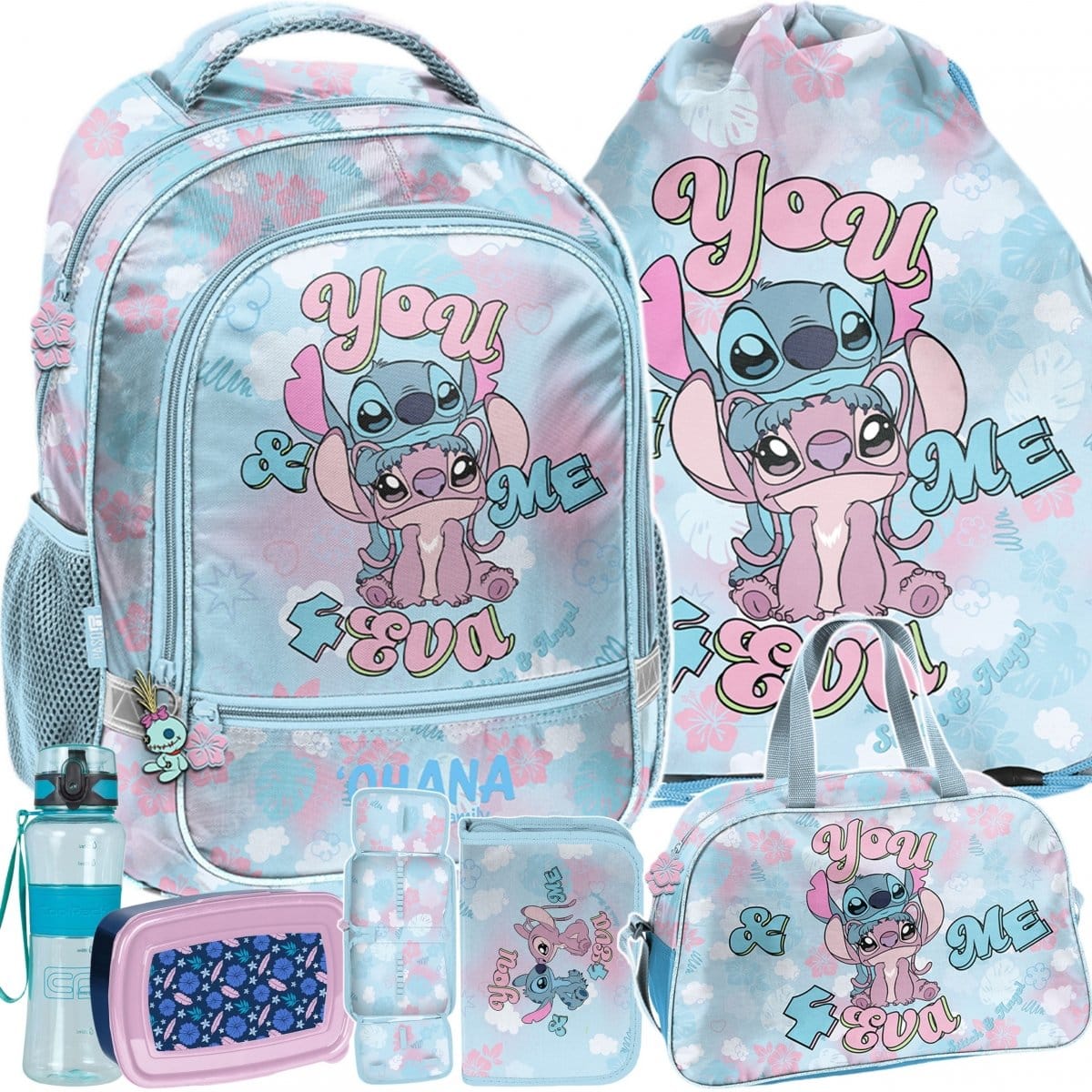 Stitch mokyklinė kuprinė 38 cm, 6 dalių komplektas be priemonių Mokyklinės kuprinės