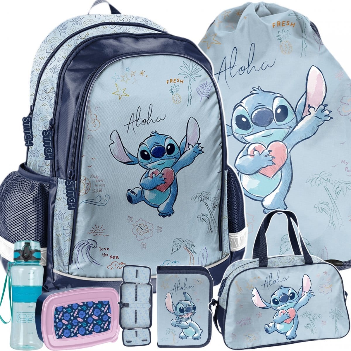 Stitch mokyklinė kuprinė 38 cm, 6 dalių komplektas be priemonių Mokyklinės kuprinės