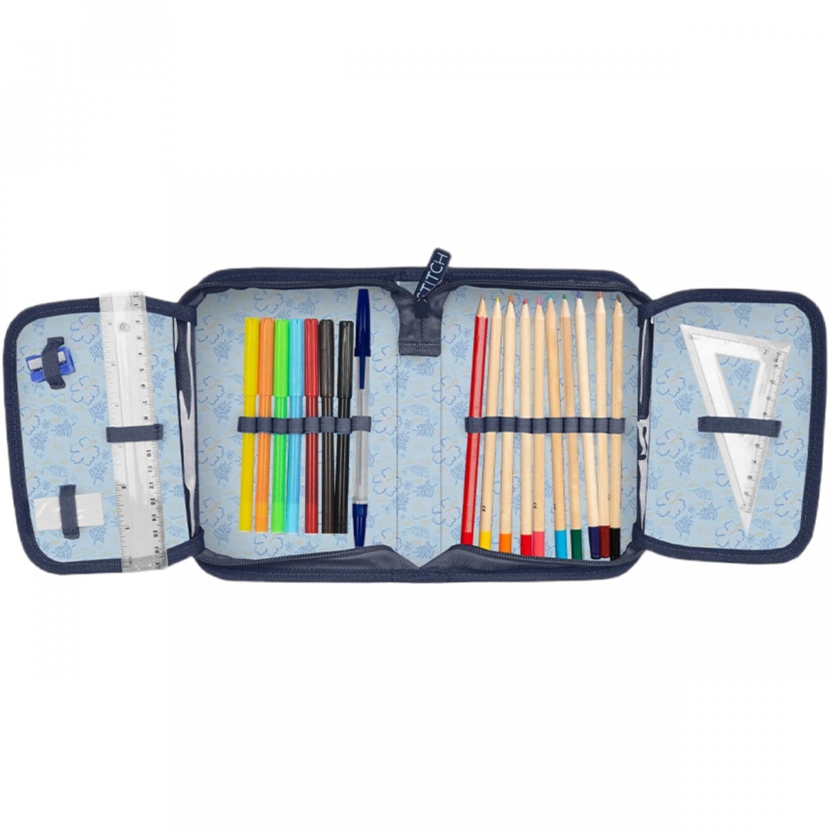 Stitch mokyklinė kuprinė 38 cm, 6 dalių komplektas su priemonėmis Mokyklinės kuprinės