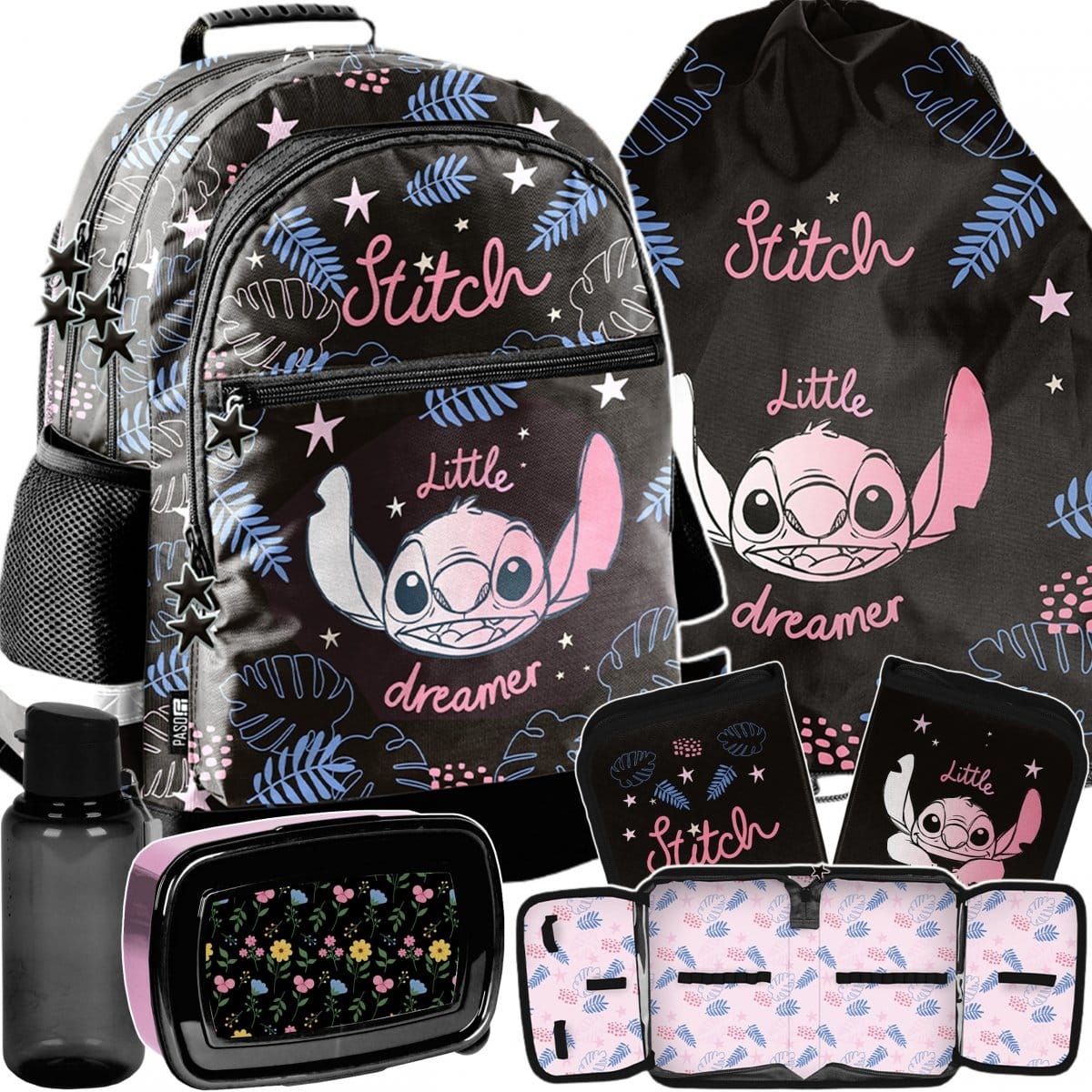 Stitch mokyklinė kuprinė, 5 dalių komplektas be priemonių Mokyklinės kuprinės