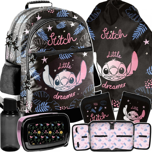Stitch mokyklinė kuprinė, 5 dalių komplektas be priemonių Mokyklinės kuprinės