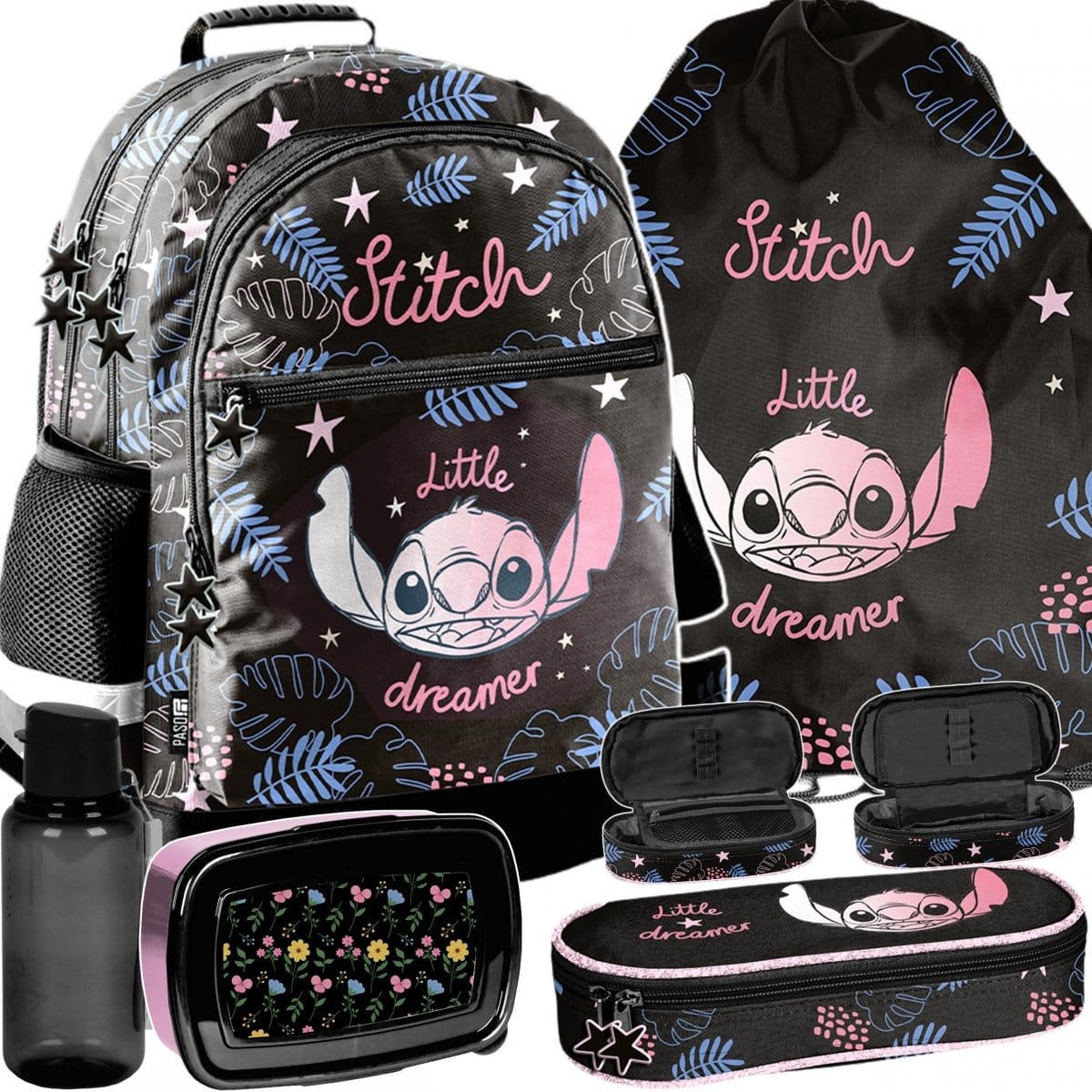 Stitch mokyklinė kuprinė, 5 dalių komplektas su penalu-dėklu Mokyklinės kuprinės
