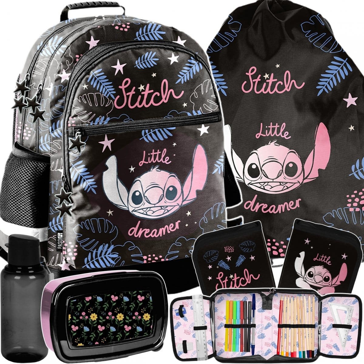 Stitch mokyklinė kuprinė, 5 dalių komplektas su priemonėmis Mokyklinės kuprinės