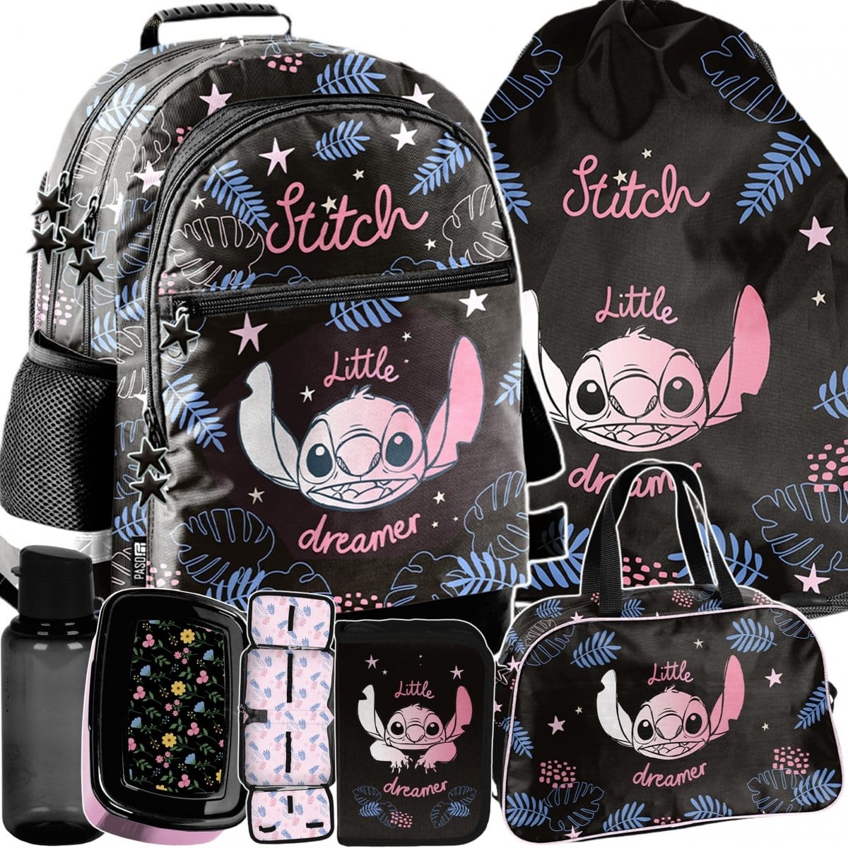 Stitch mokyklinė kuprinė, 6 dalių komplektas be priemonių Mokyklinės kuprinės