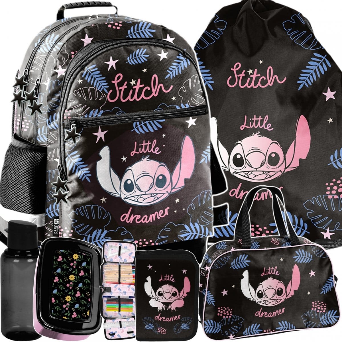 Stitch mokyklinė kuprinė, 6 dalių komplektas su priemonėmis Mokyklinės kuprinės