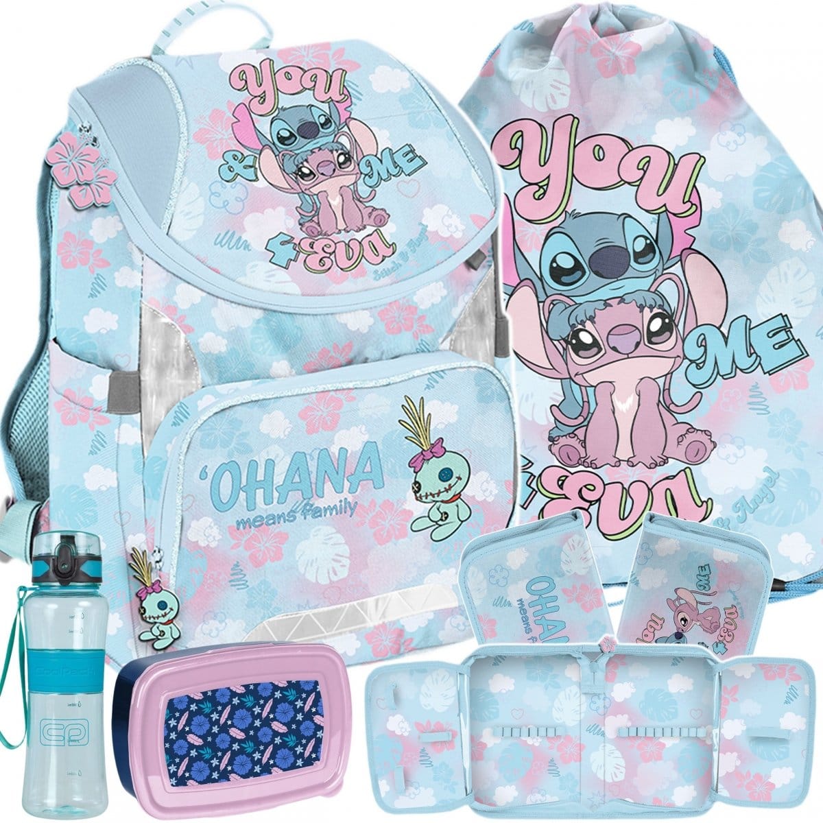 Stitch standi kuprinė 34 cm, 5 dalių komplektas be priemonių Mokyklinės kuprinės
