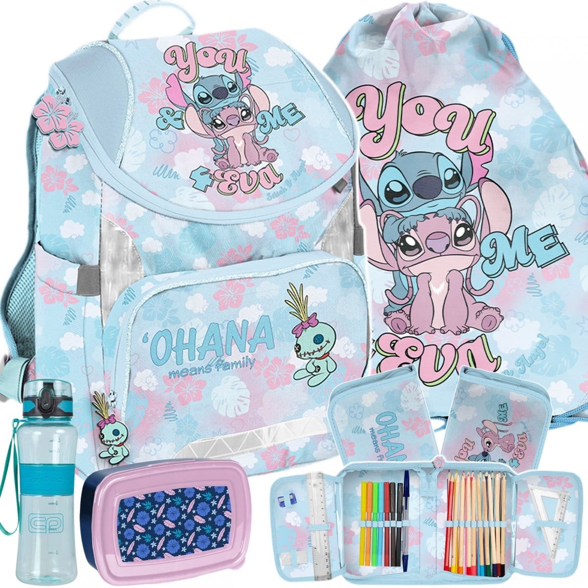 Stitch standi kuprinė 34 cm, 5 dalių komplektas su priemonėmis Mokyklinės kuprinės