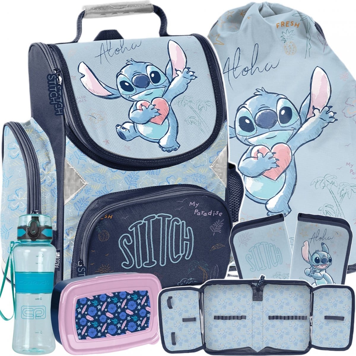 Stitch standi kuprinė 36 cm, 5 dalių komplektas be priemonių Mokyklinės kuprinės