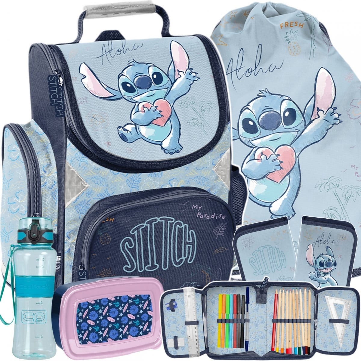 Stitch standi kuprinė 36 cm, 5 dalių komplektas su priemonėmis Mokyklinės kuprinės