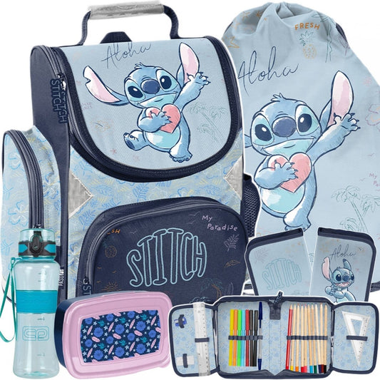 Stitch standi kuprinė 36 cm, 5 dalių komplektas su priemonėmis Mokyklinės kuprinės