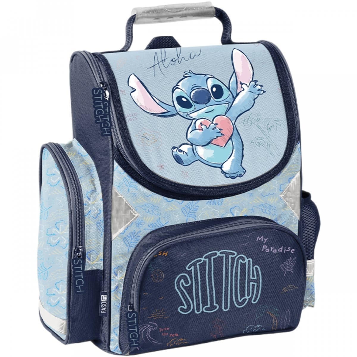 Stitch standi kuprinė 36 cm, 5 dalių komplektas su priemonėmis Mokyklinės kuprinės