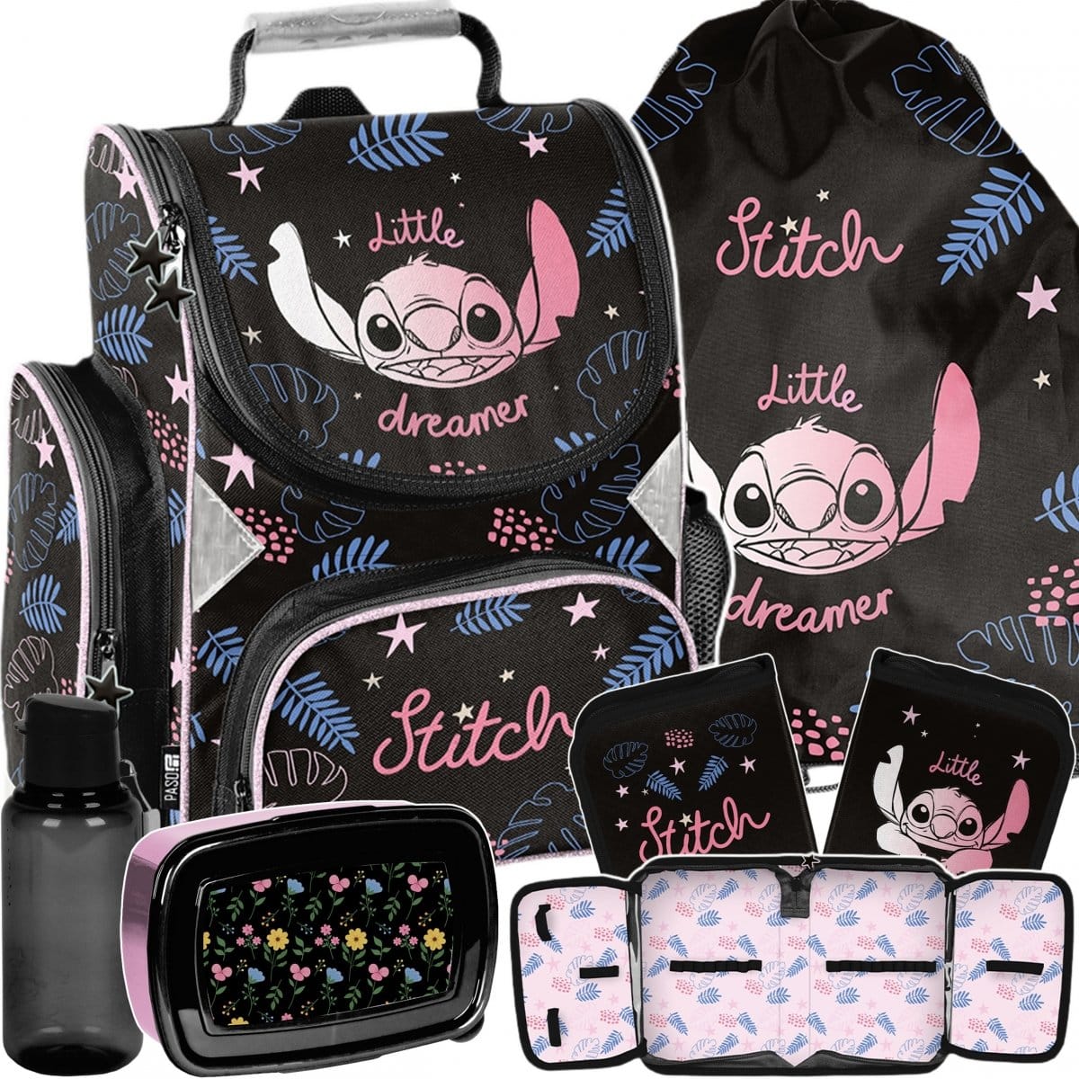 Stitch standi mokyklinė kuprinė 1–4 klasei, 5 dalių komplektas be priemonių Mokyklinės kuprinės