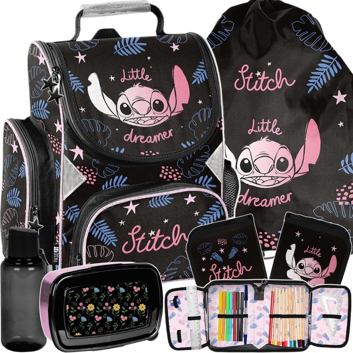 Stitch standi mokyklinė kuprinė 1–4 klasei, 5 dalių komplektas su priemonėmis Mokyklinės kuprinės