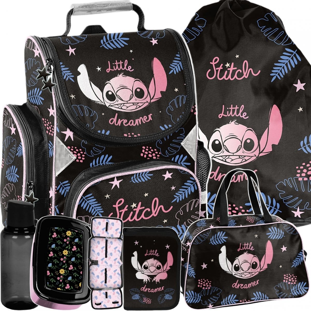 Stitch standi mokyklinė kuprinė 1–4 klasei, 6 dalių komplektas be priemonių Mokyklinės kuprinės
