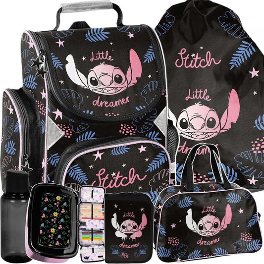 Stitch standi mokyklinė kuprinė 1–4 klasei, 6 dalių komplektas su priemonėmis Mokyklinės kuprinės