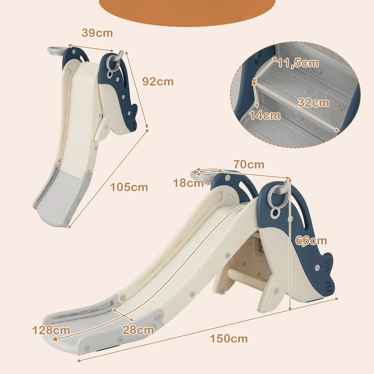 Sulankstoma Vaikiška Čiuožykla Banginis, Su Krepšinio Lanku 4-in-1 Čiuožyklos