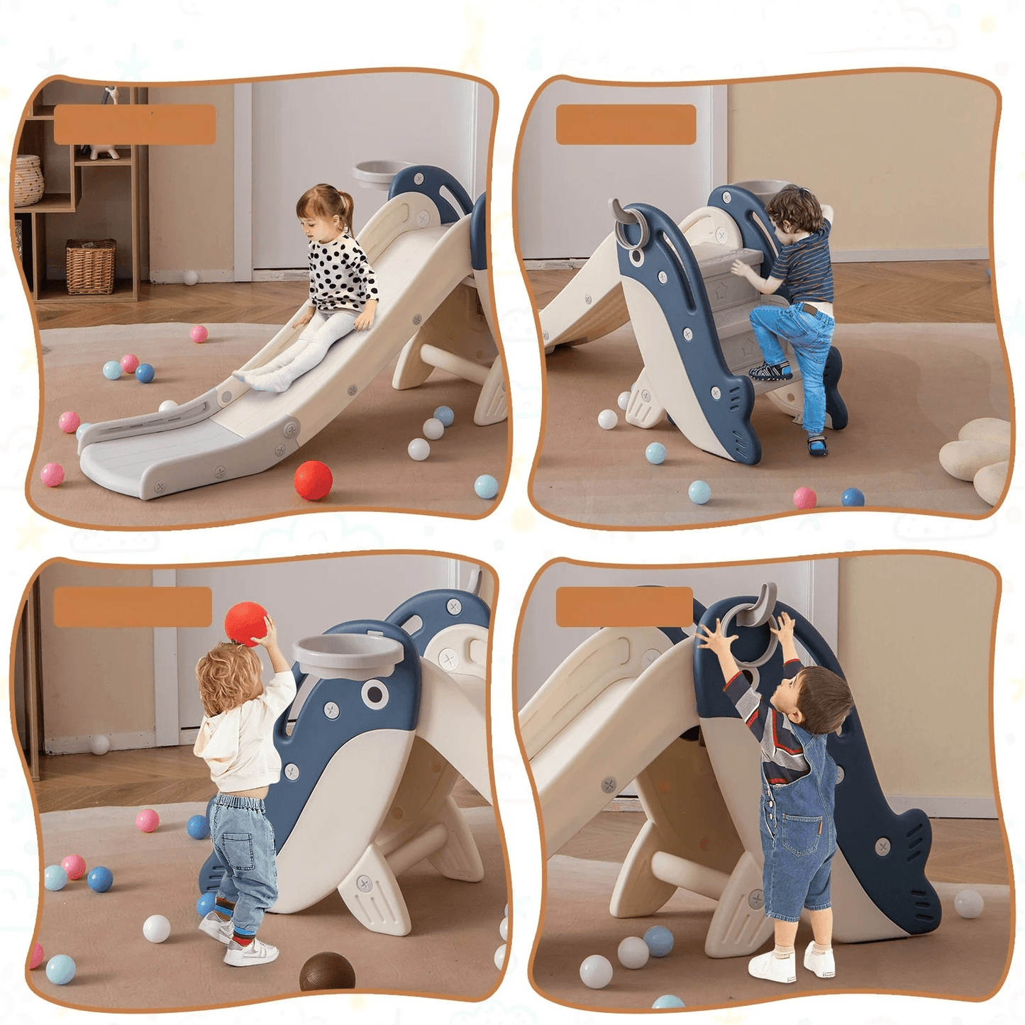 Sulankstoma Vaikiška Čiuožykla Banginis, Su Krepšinio Lanku 4-in-1 Čiuožyklos