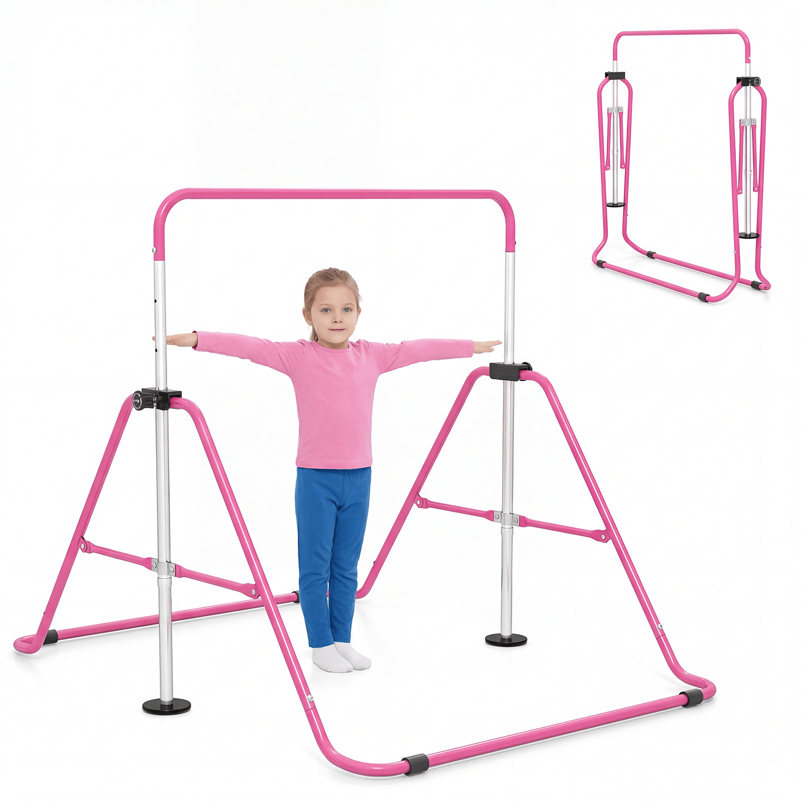 Sulankstomas Gimnastikos Skersinis Vaikams – Reguliuojamas 90–130 cm Gimnastikos Baleto Įranga Rožinė
